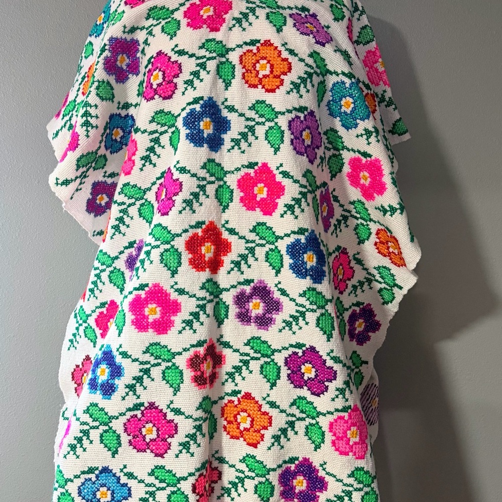 Colorful Floral Cross Stitch Pattern Fabric Poncho